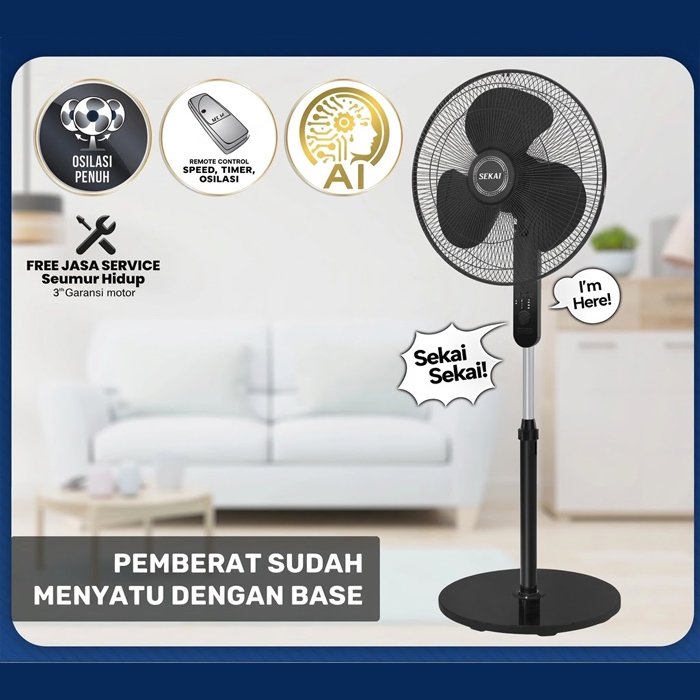 Sekai Kipas Angin Berdiri AI Voice Command 16 Inch Hitam - SFN1681AI